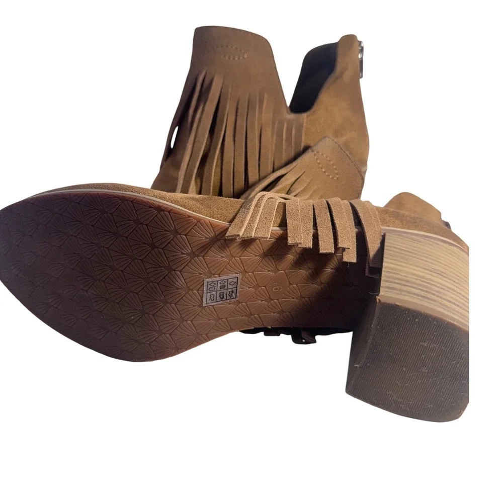 Ariat Brown Faux Suede Fringe‎ Western Ankle Boots Women 9.5 Block Heel Booties